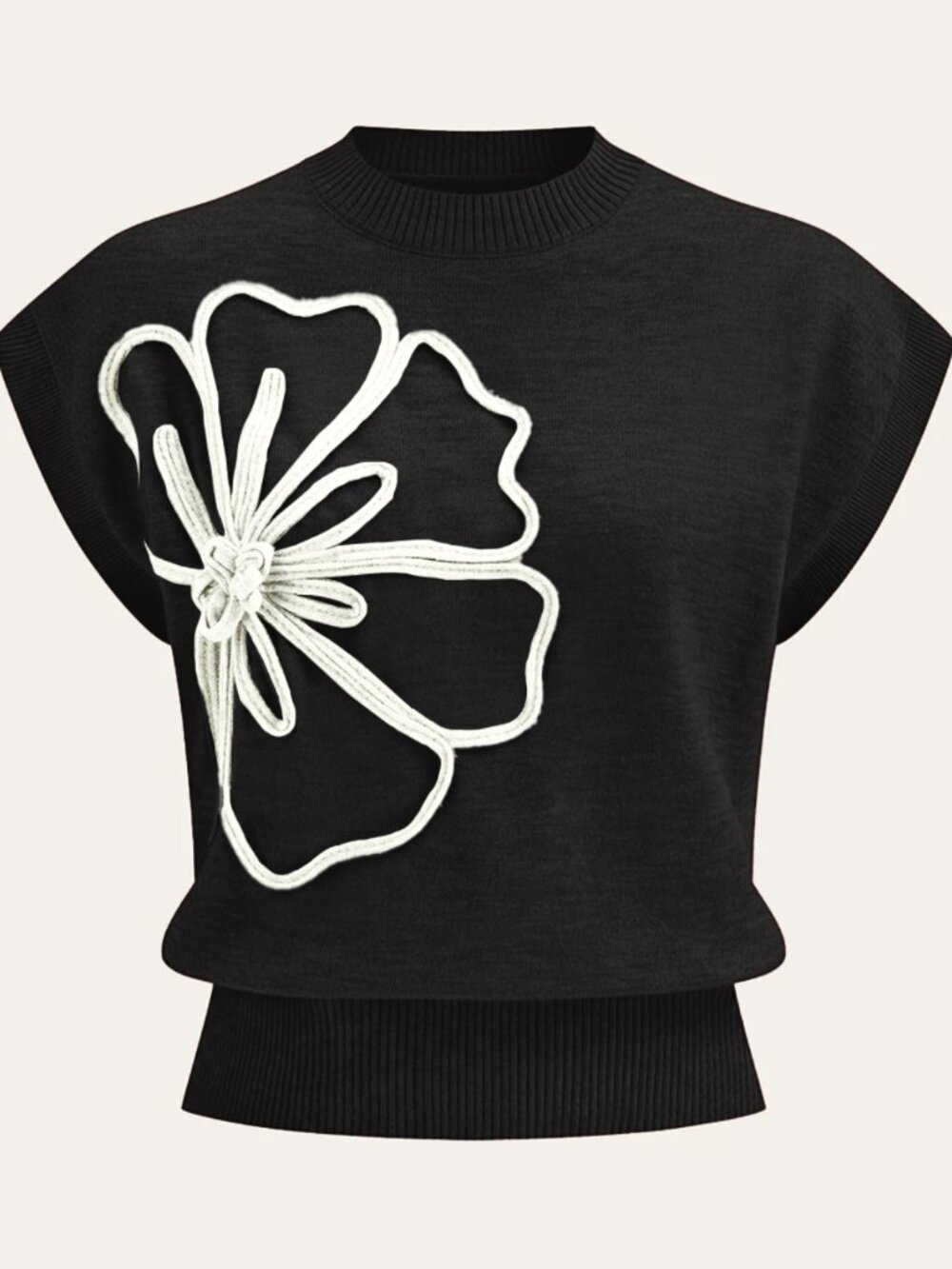 Commense Flower Applique Cap Sleeve Knit Top - Large